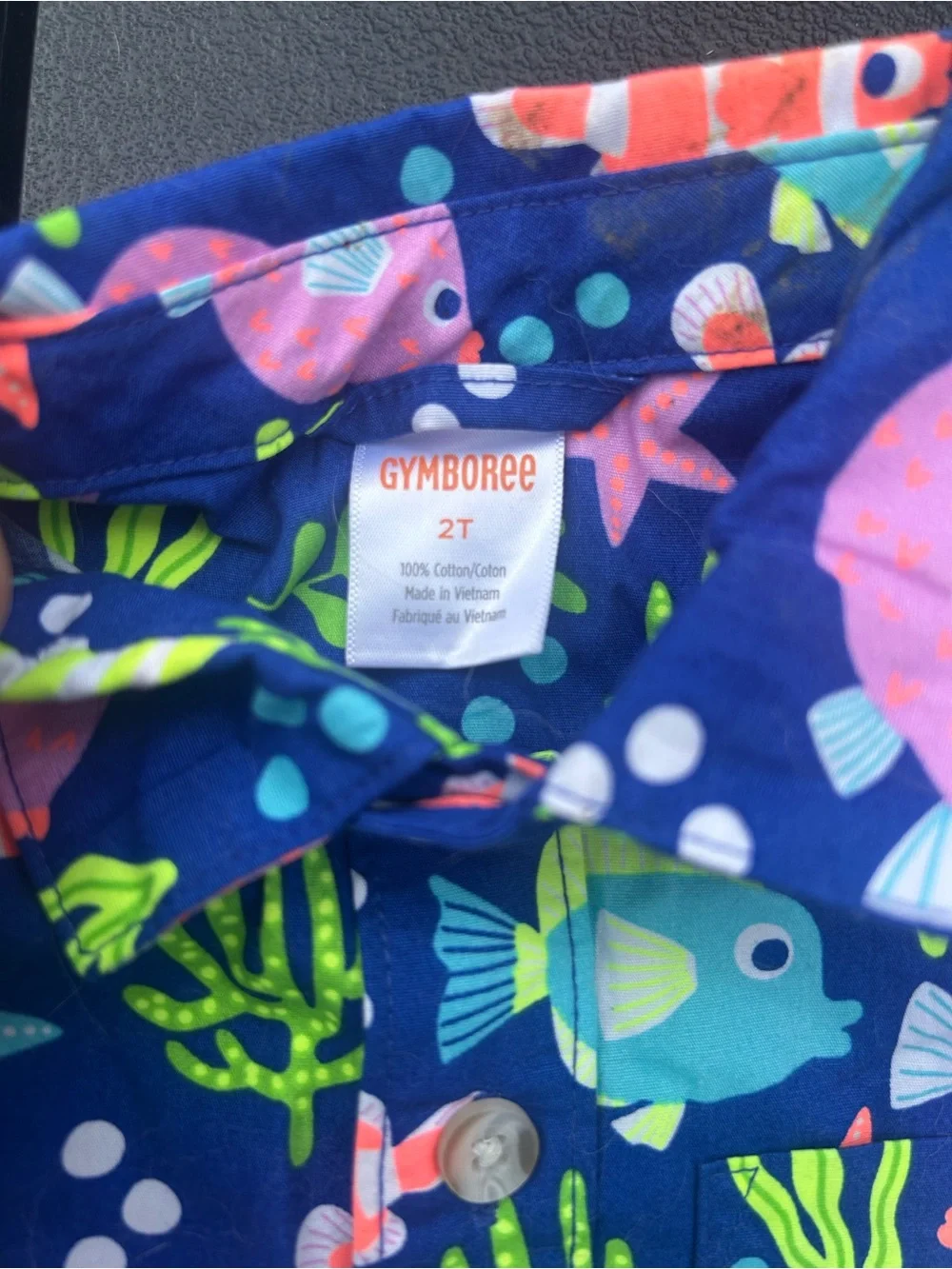 Gymboree Navy Short Sleeve Fish Button-Down Shirt with Bright Sea Motifs